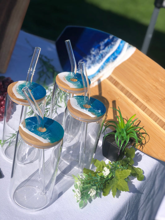 Ocean Glass Cups with Glass Straw